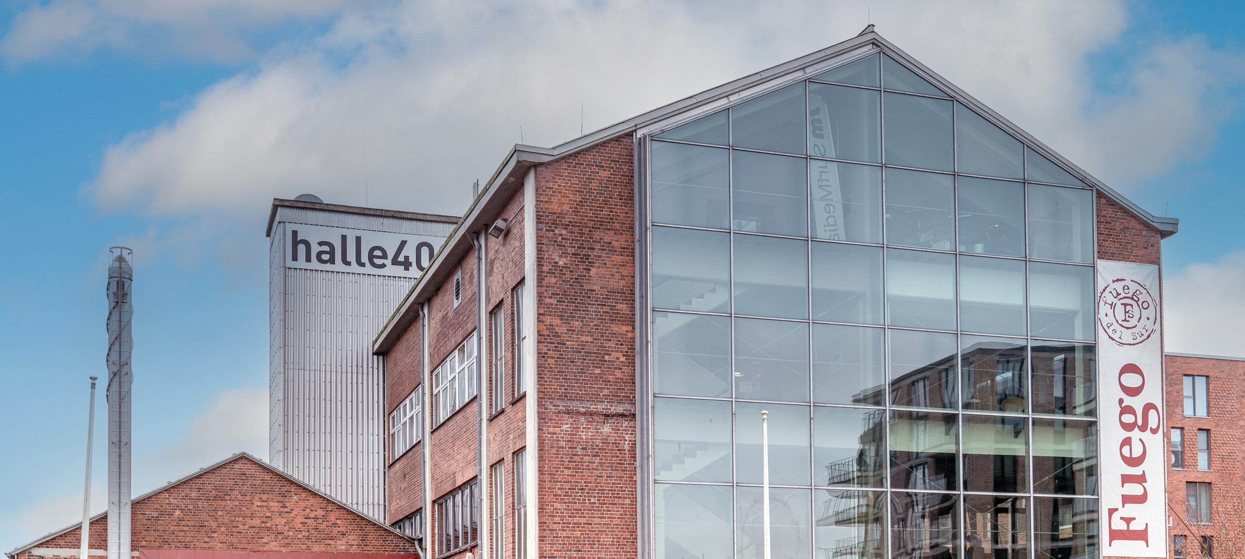 Glass façade of brick building